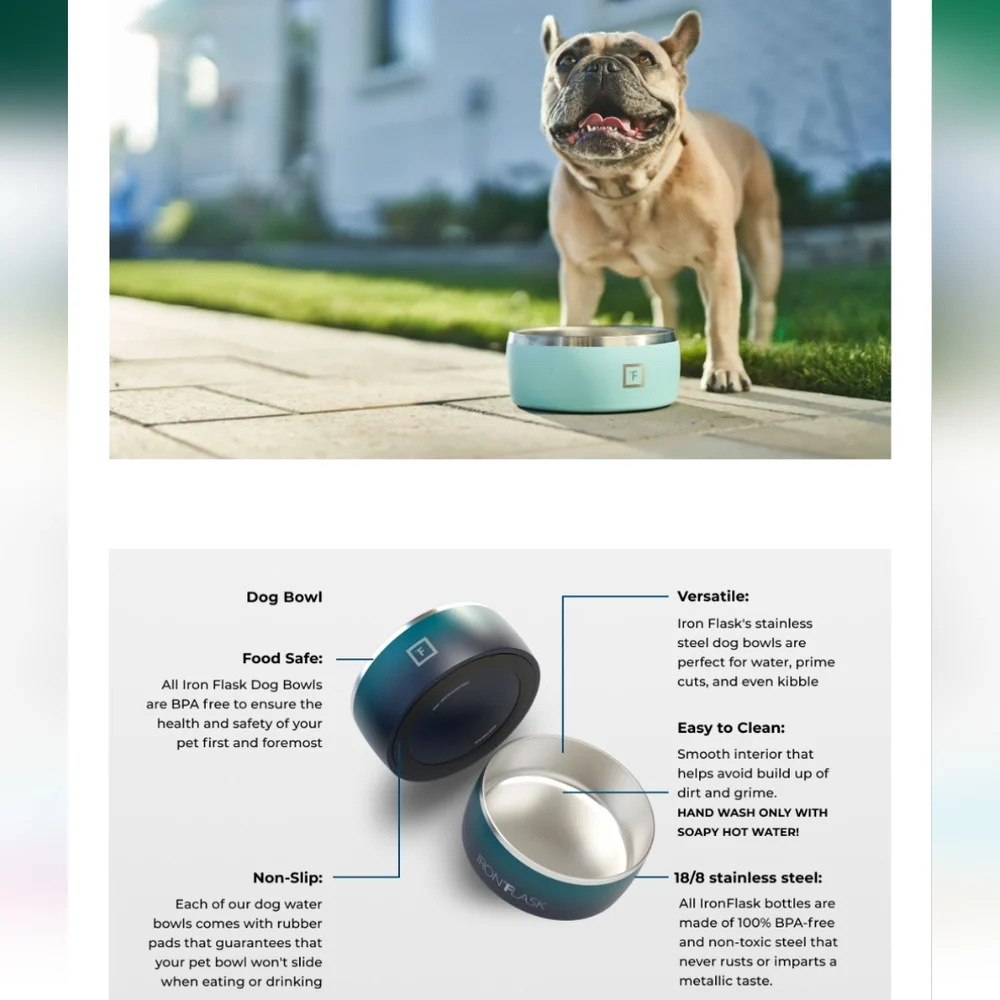 IRON FLASK Dog Bowl - 32 Oz Stainless Steel, Non-Slip Rubber Bottom, New